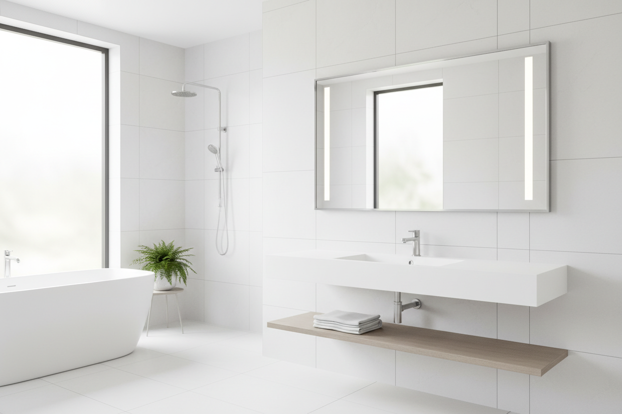 well-lit image of a white bathroom with a focus on a large mirror above the sink
